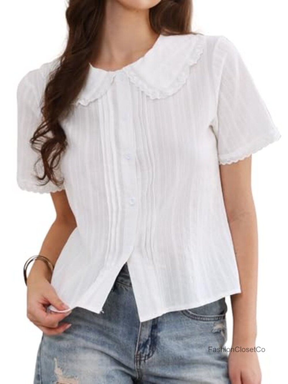 Cotton Ruffle Peter Pan Collar Button Down Short Sleeve Blouse
